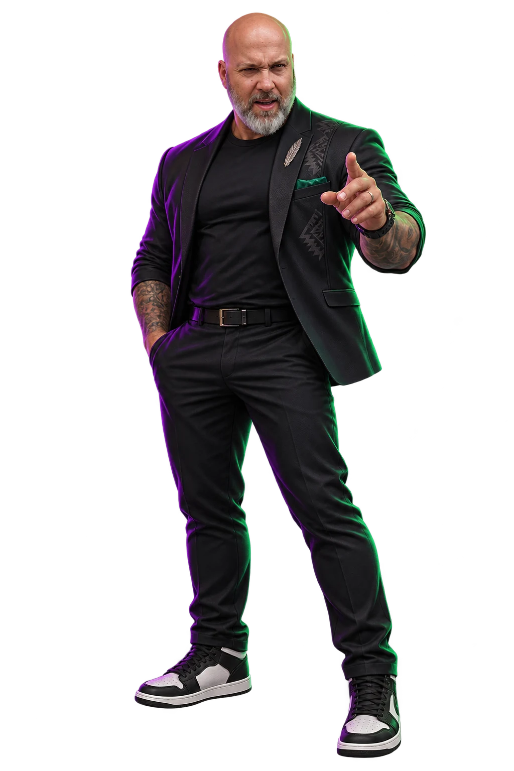 Grandes Plumes — pose signature, tenue exécutive noire, éclairage violet et vert